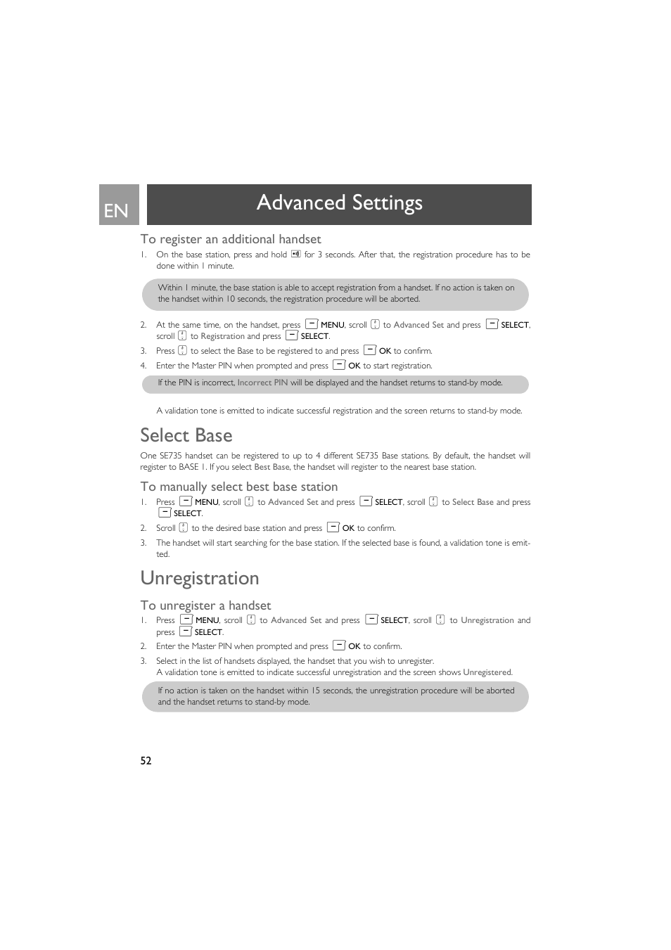 To register an additional handset, Select base, To manually select best base station | Unregistration, To unregister a handset, Advanced settings | Philips SE735 User Manual | Page 52 / 71