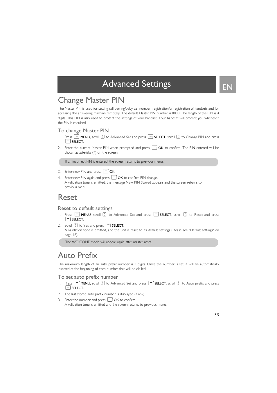 Change master pin, To change master pin, Reset | Reset to default settings, Auto prefix, To set auto prefix number, Advanced settings | Philips SE735 User Manual | Page 53 / 71