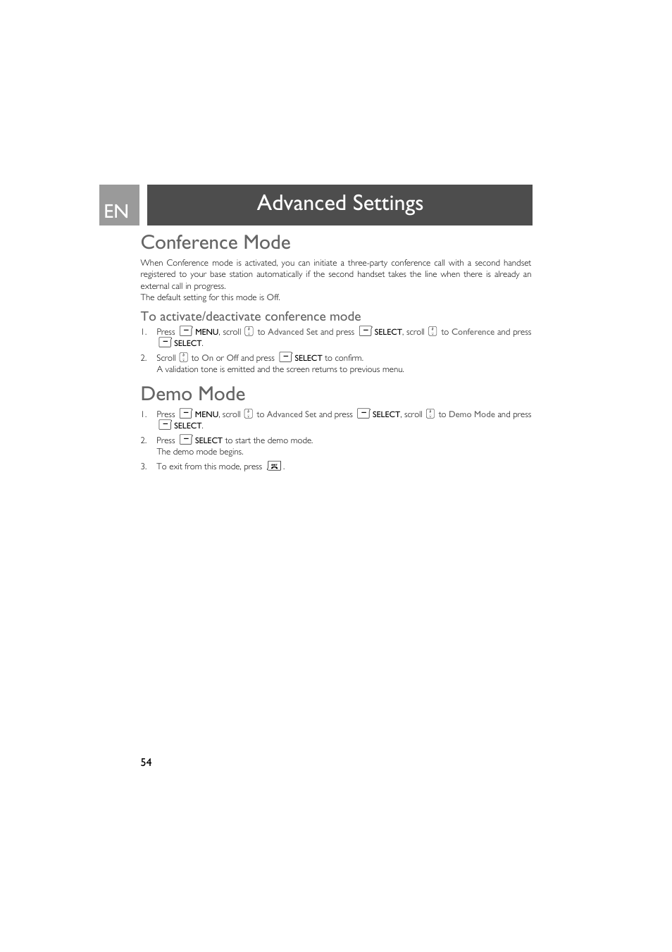 Conference mode, To activate/deactivate conference mode, Demo mode | Advanced settings | Philips SE735 User Manual | Page 54 / 71