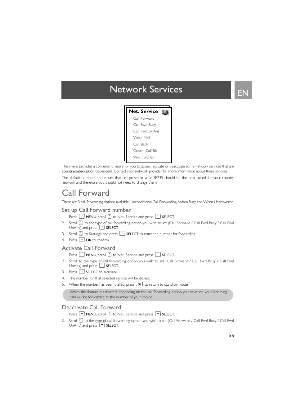 Network services, Call forward, Set up call forward number | Activate call forward, Deactivate call forward | Philips SE735 User Manual | Page 55 / 71