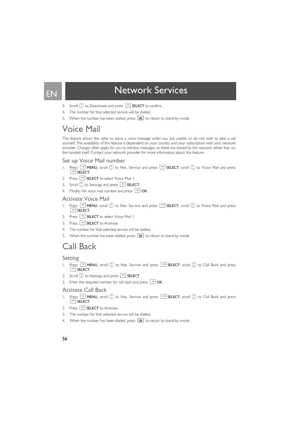 Voice mail, Set up voice mail number, Activate voice mail | Call back, Setting, Activate call back, Network services | Philips SE735 User Manual | Page 56 / 71