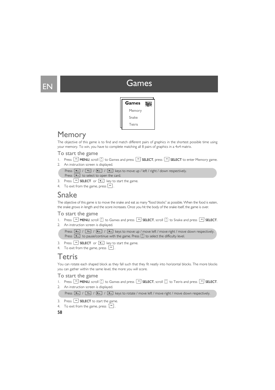 Games, Memory, To start the game | Snake, Tetris | Philips SE735 User Manual | Page 58 / 71