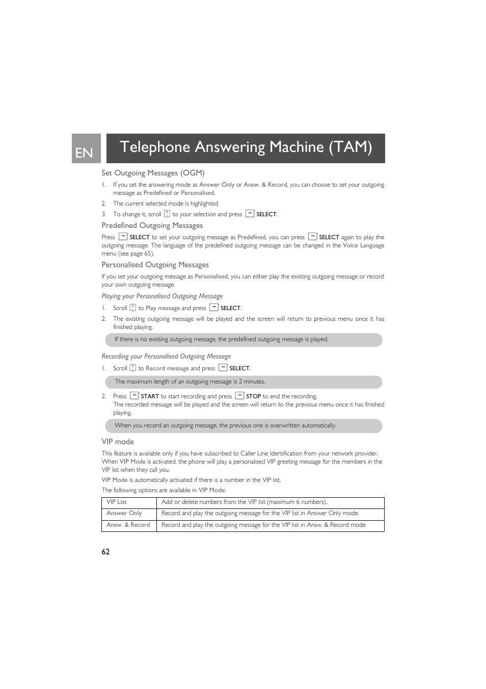 Telephone answering machine (tam) | Philips SE735 User Manual | Page 62 / 71