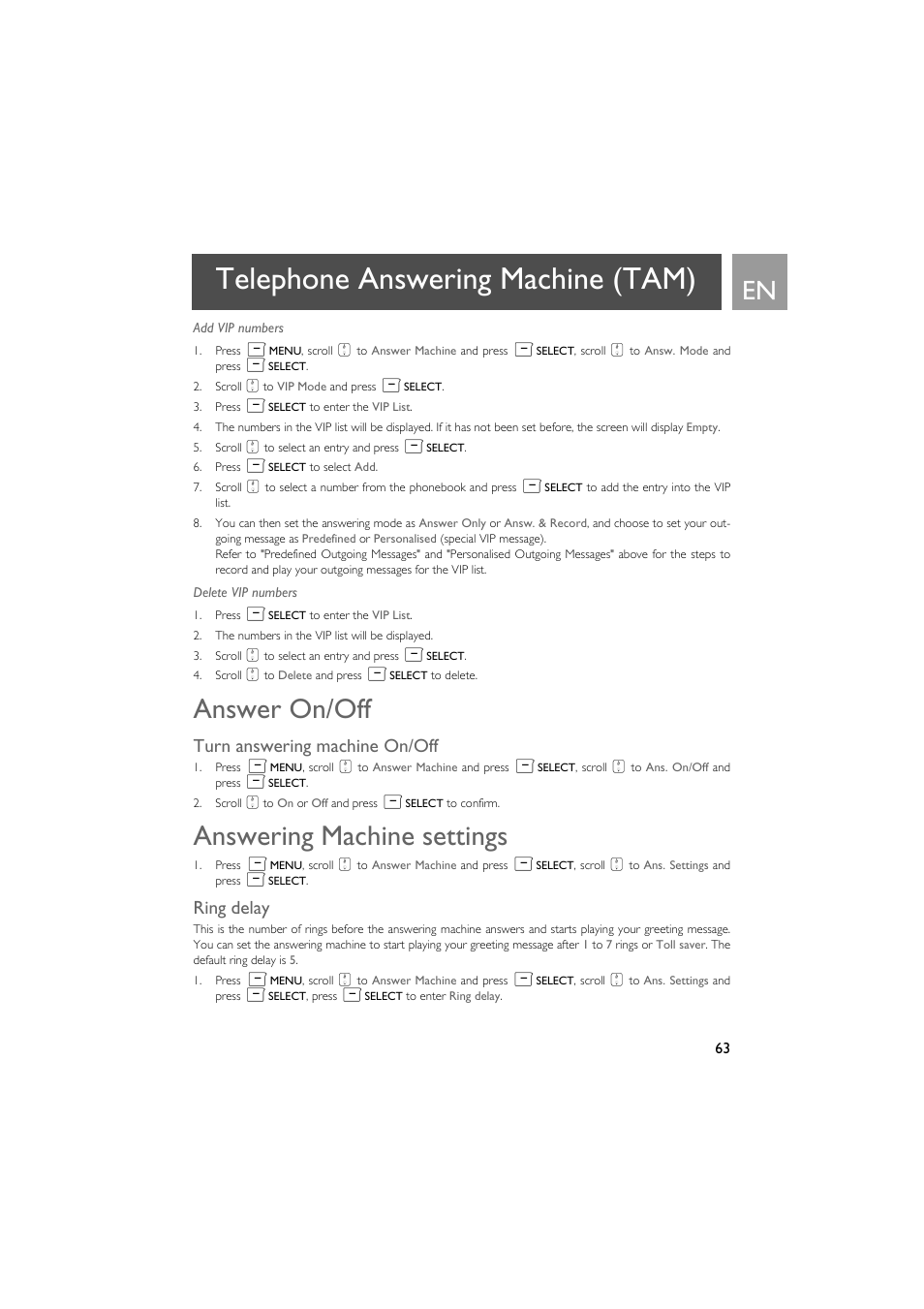 Answer on/off, Turn answering machine on/off, Answering machine settings | Ring delay, Telephone answering machine (tam) | Philips SE735 User Manual | Page 63 / 71