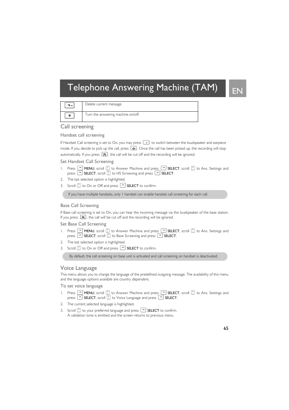 Call screening, Voice language, Telephone answering machine (tam) | Philips SE735 User Manual | Page 65 / 71