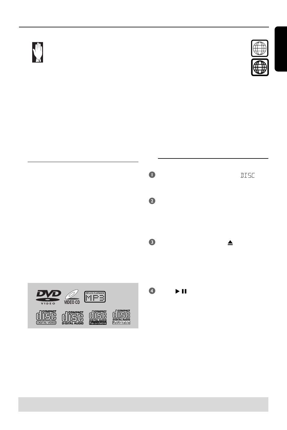 Disc operations, Playable discs, Playing discs 1 | Philips HTS3410D User Manual | Page 19 / 36