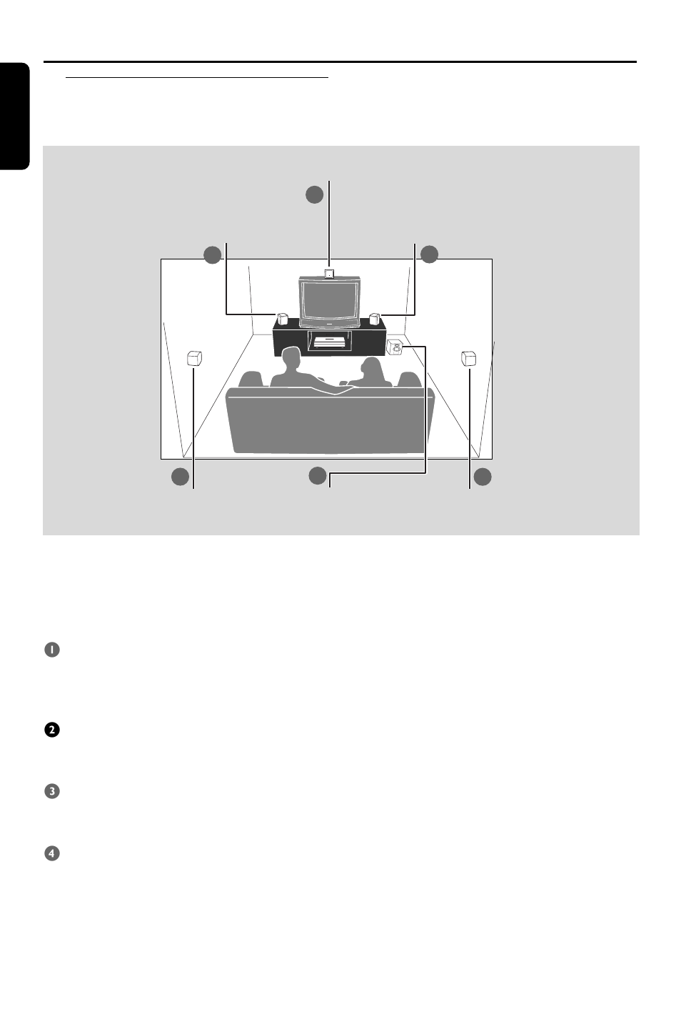 Connections, Step 1: placing the speakers and subwoofer | Philips HTS3410D User Manual | Page 6 / 36