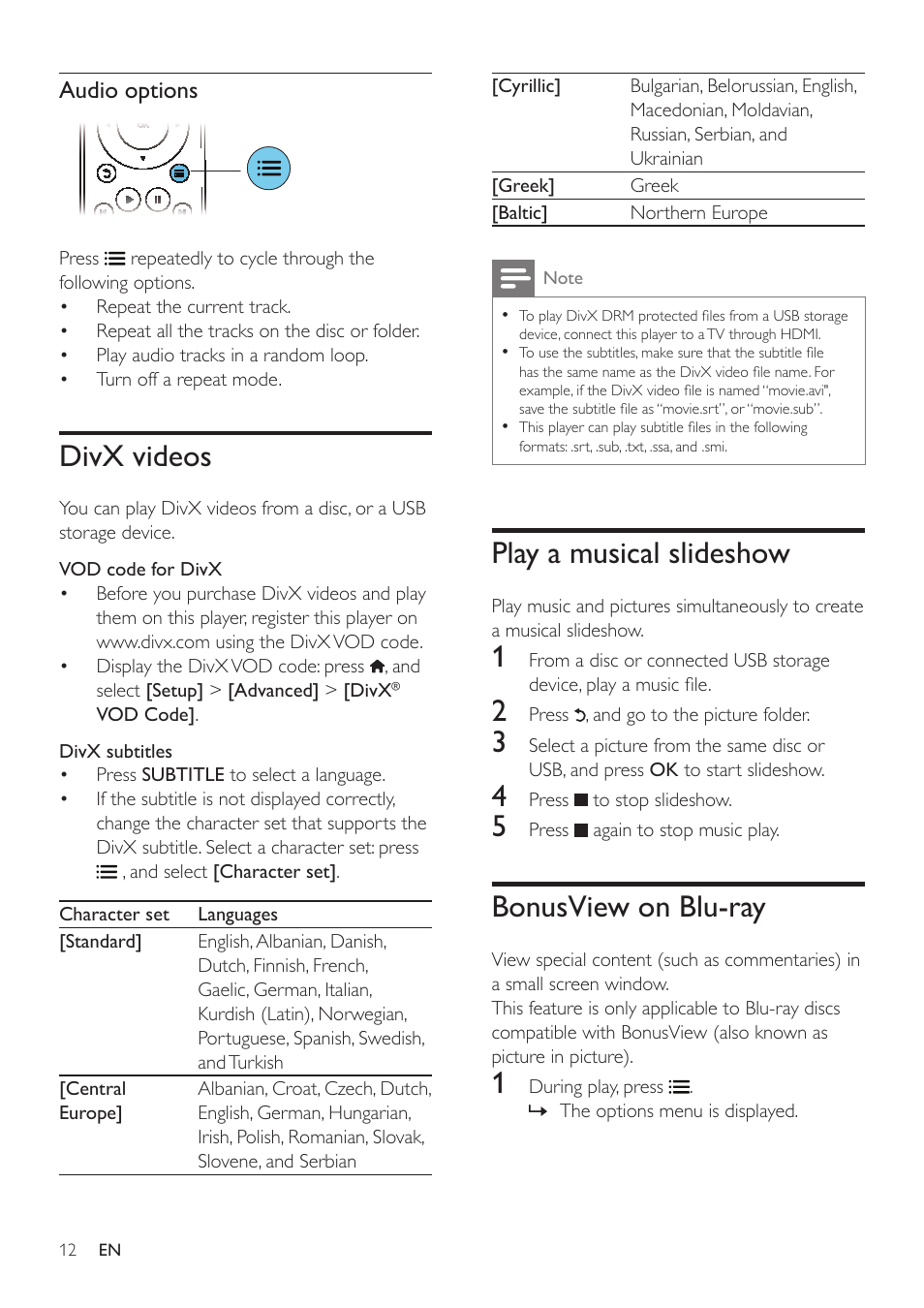 Divx videos, Play a musical slideshow, Bonusview on blu-ray | Philips BDP3305 User Manual | Page 12 / 27