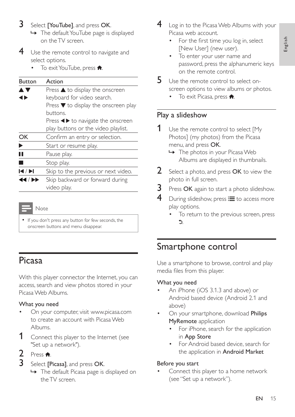 Picasa, Smartphone control | Philips BDP3305 User Manual | Page 15 / 27
