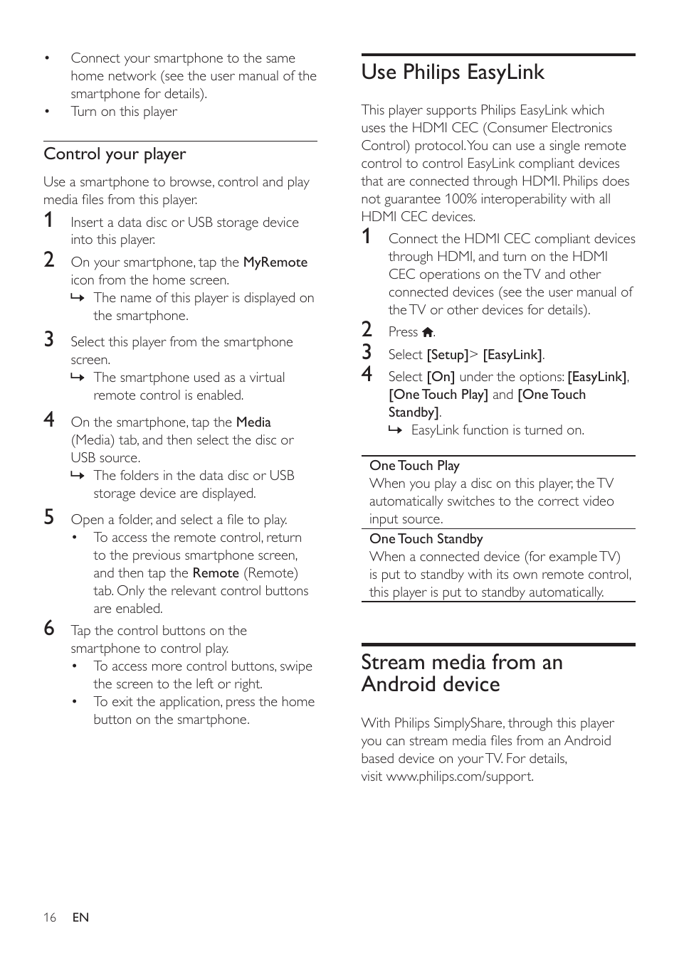 Use philips easylink, Stream media from an android device | Philips BDP3305 User Manual | Page 16 / 27