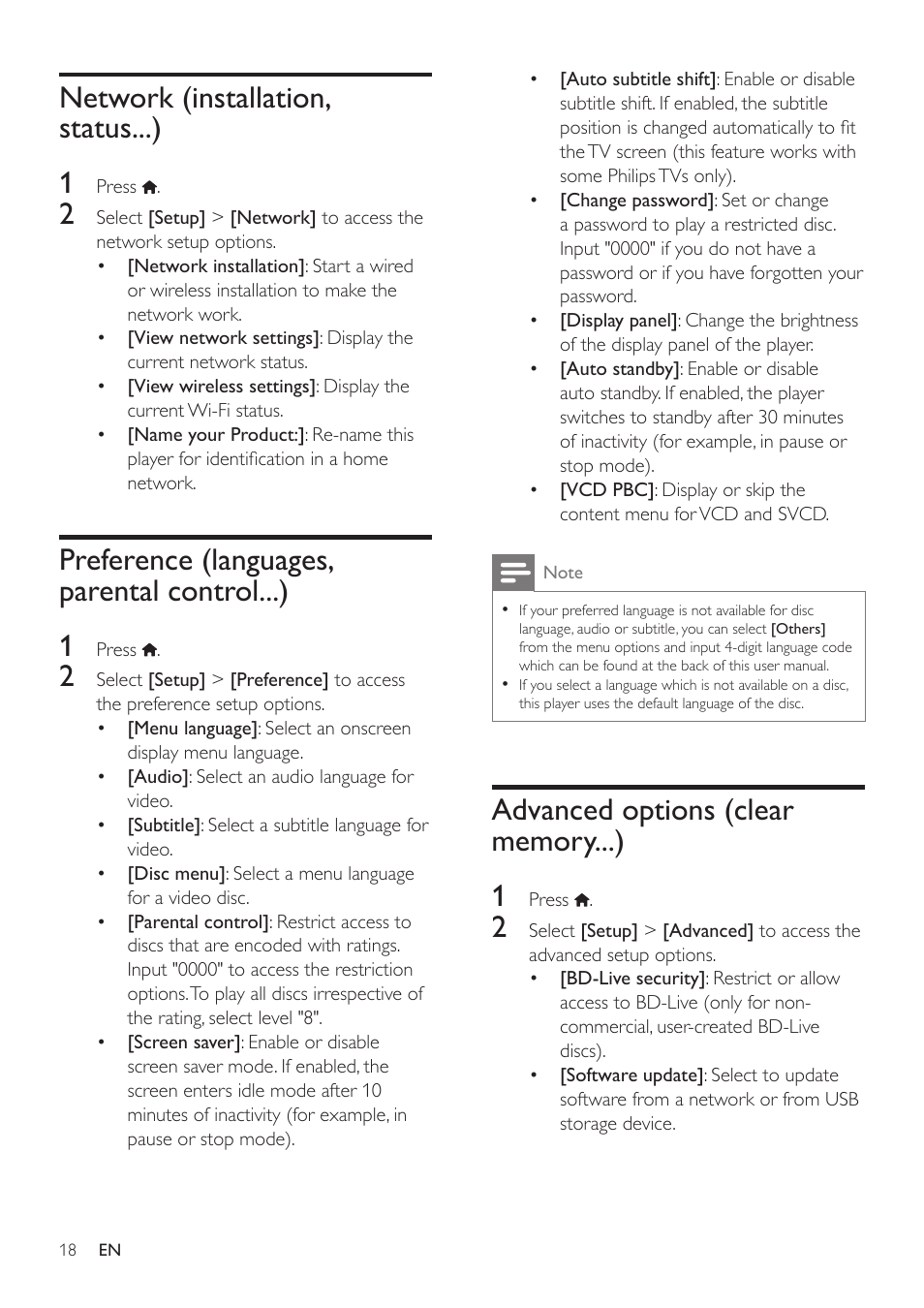 Network (installation, status...) 1, Preference (languages, parental control...) 1 | Philips BDP3305 User Manual | Page 18 / 27