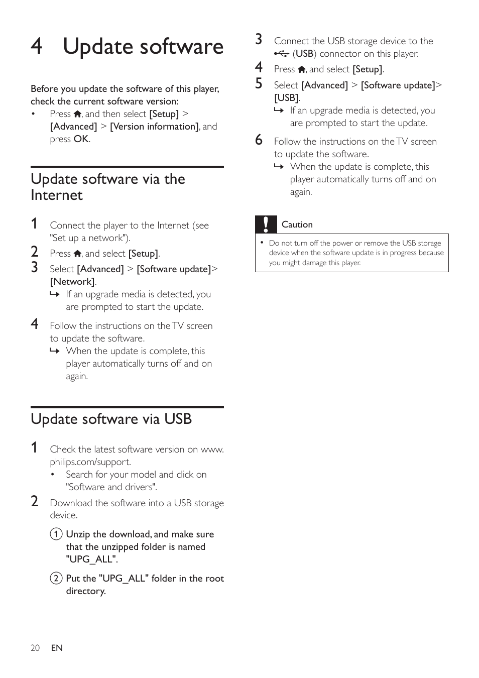 4 update software, Update software via the internet 1, Update software via usb 1 | Philips BDP3305 User Manual | Page 20 / 27
