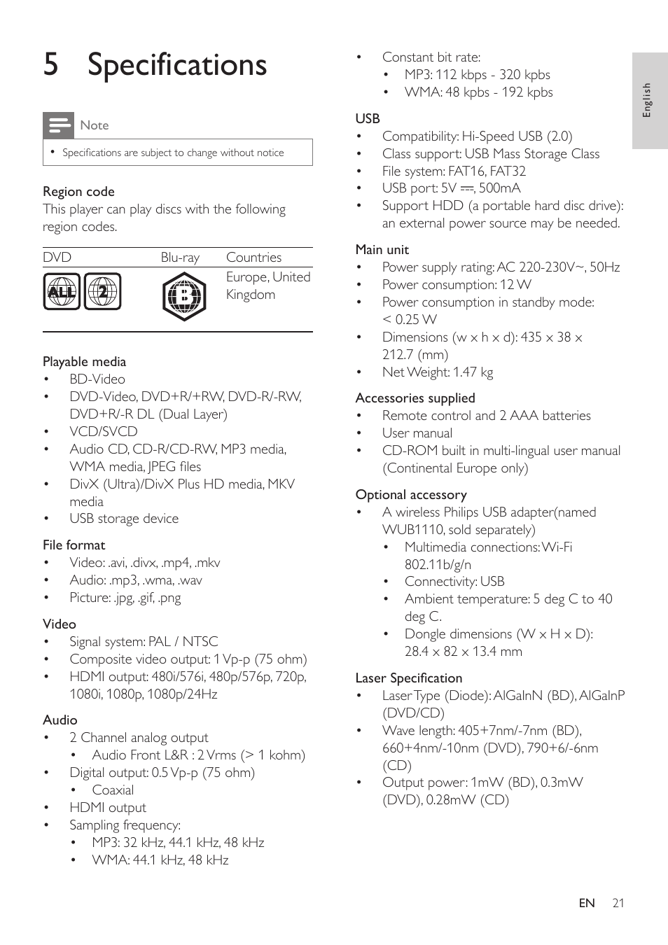 5 specifications | Philips BDP3305 User Manual | Page 21 / 27