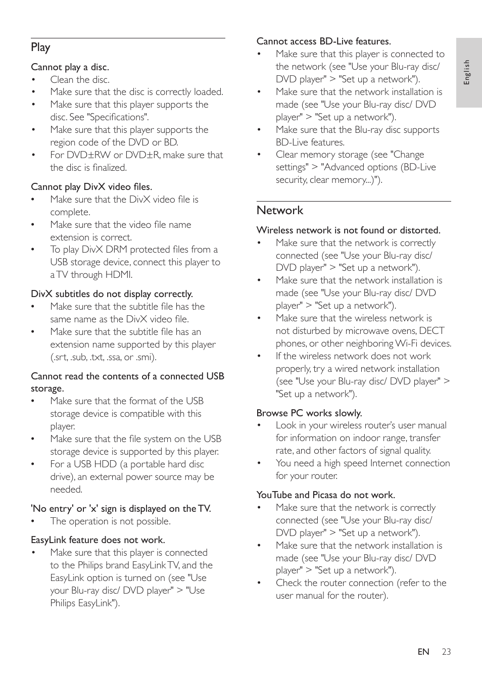 Play, Network | Philips BDP3305 User Manual | Page 23 / 27