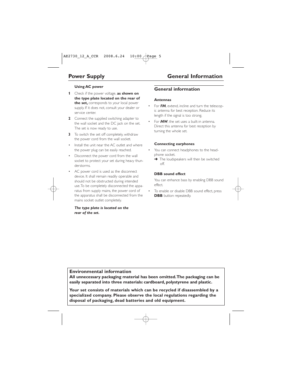 Power supply general information | Philips AE2730 User Manual | Page 5 / 9