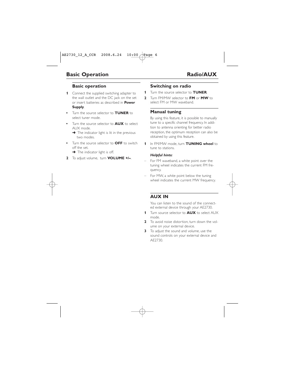 Basic operation radio/aux | Philips AE2730 User Manual | Page 6 / 9