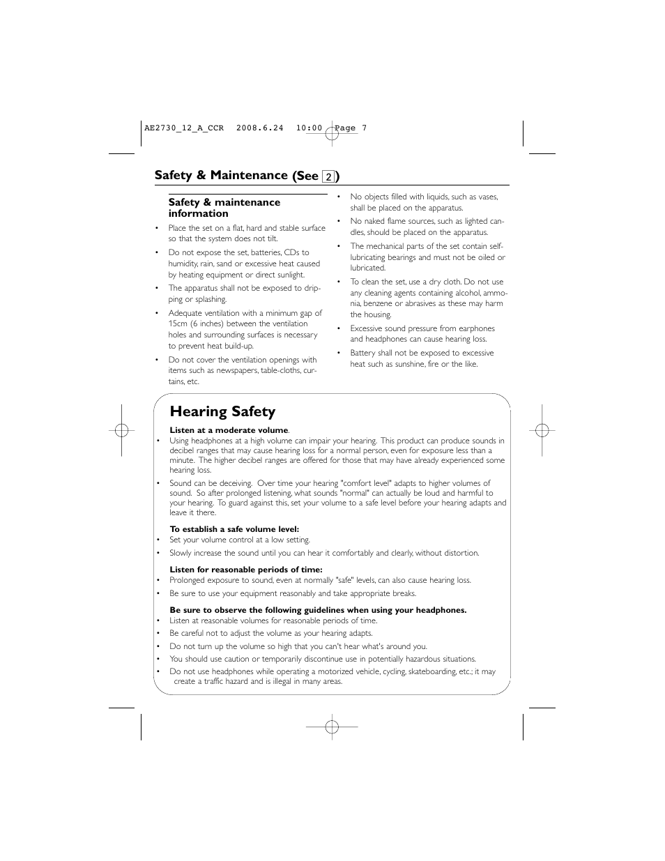 Hearing safety, Safety & maintenance (see 2 ) | Philips AE2730 User Manual | Page 7 / 9