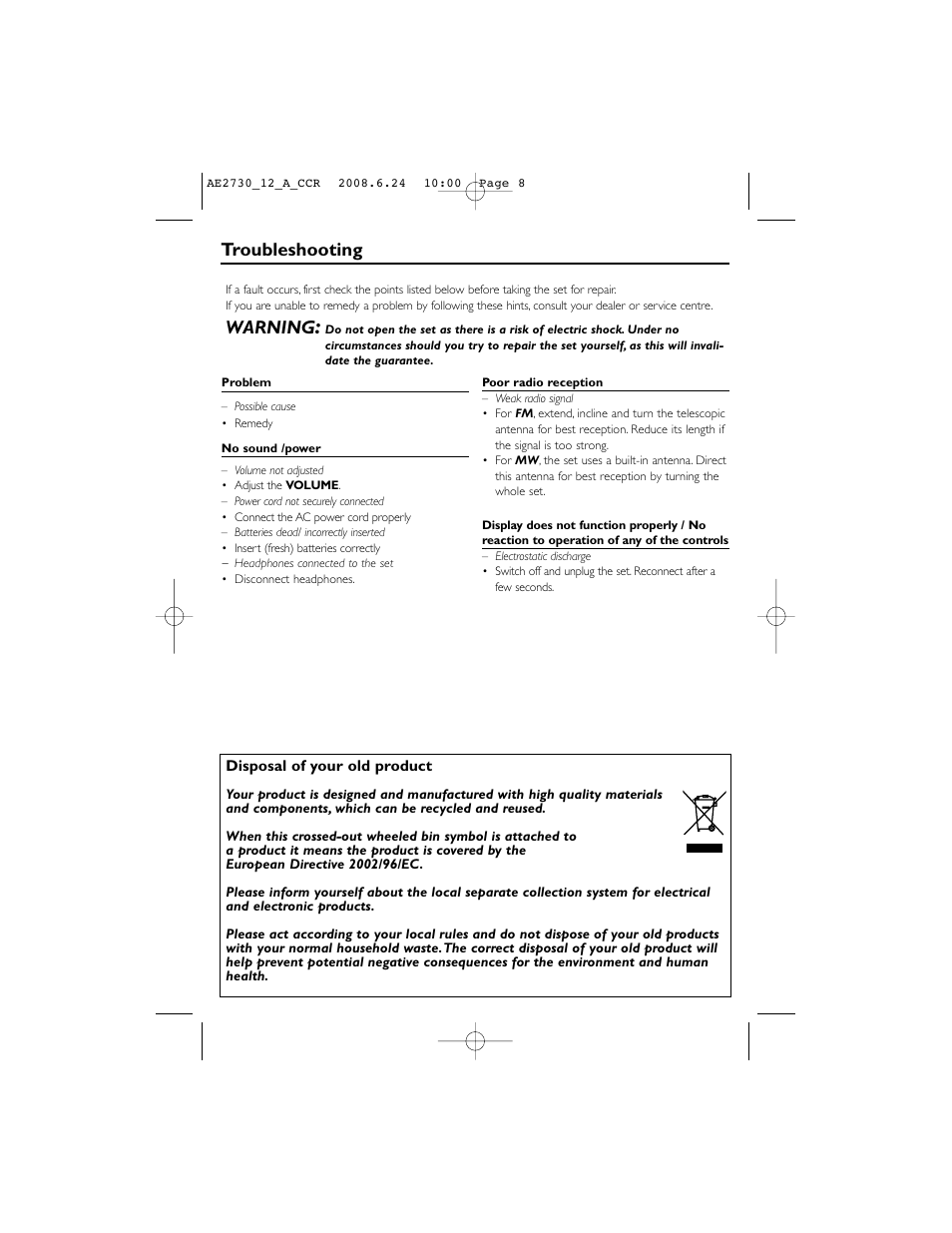 Troubleshooting, Warning | Philips AE2730 User Manual | Page 8 / 9