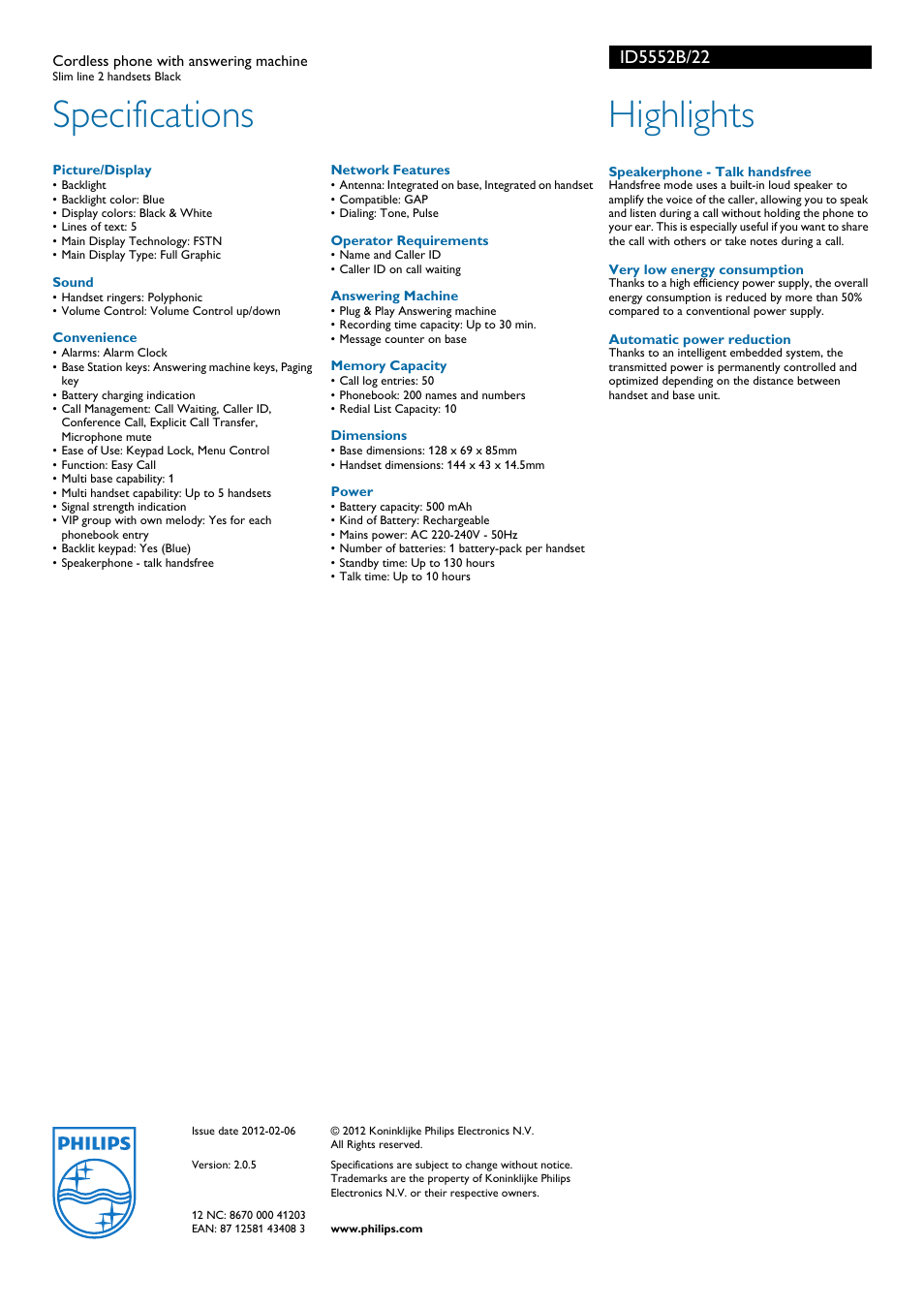 Specifications, Highlights | Philips ID5552B User Manual | Page 2 / 2