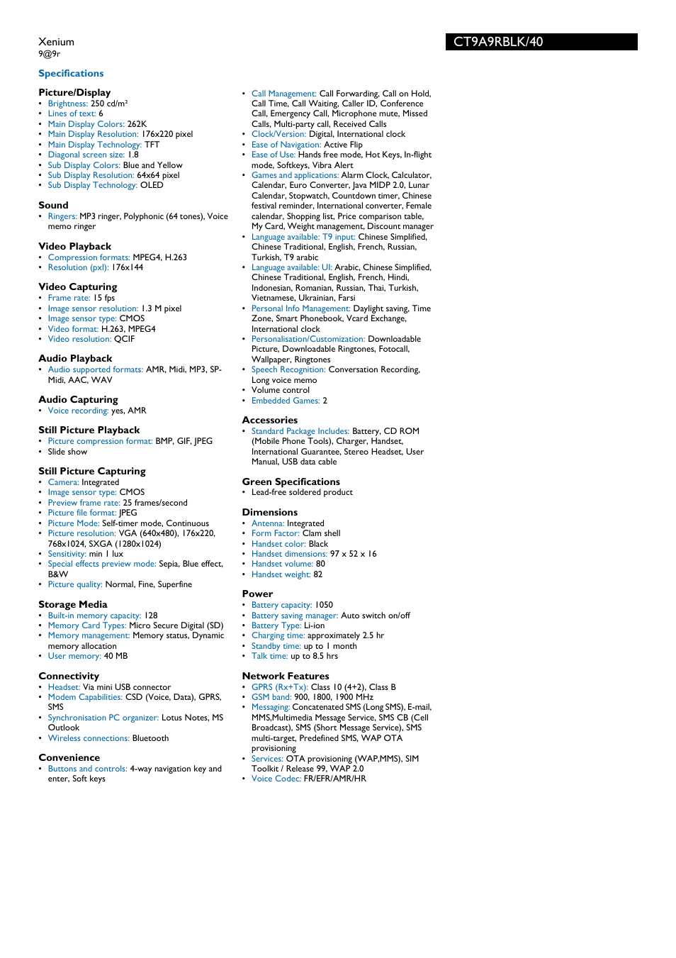 Ct9a9rblk/40 | Philips Xenium CT9A9RBLK User Manual | Page 2 / 3