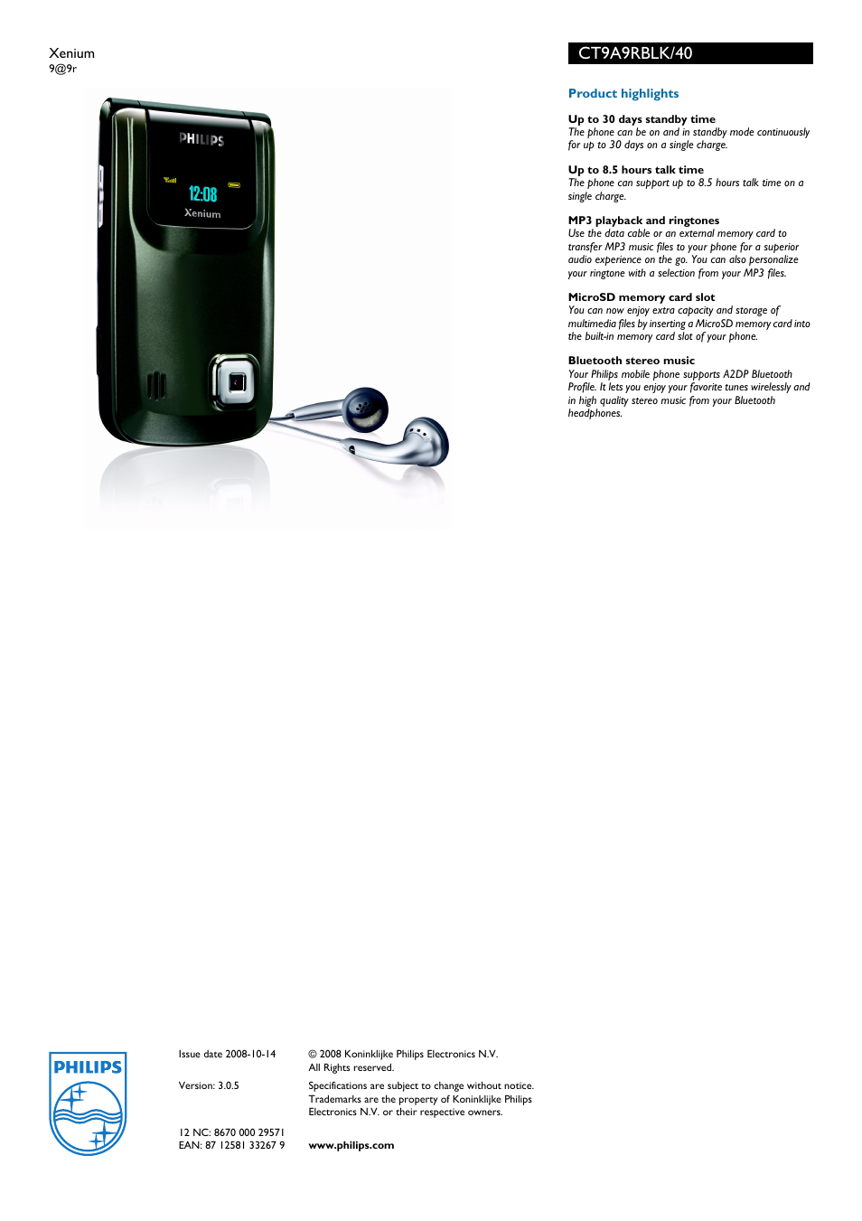 Ct9a9rblk/40 | Philips Xenium CT9A9RBLK User Manual | Page 3 / 3