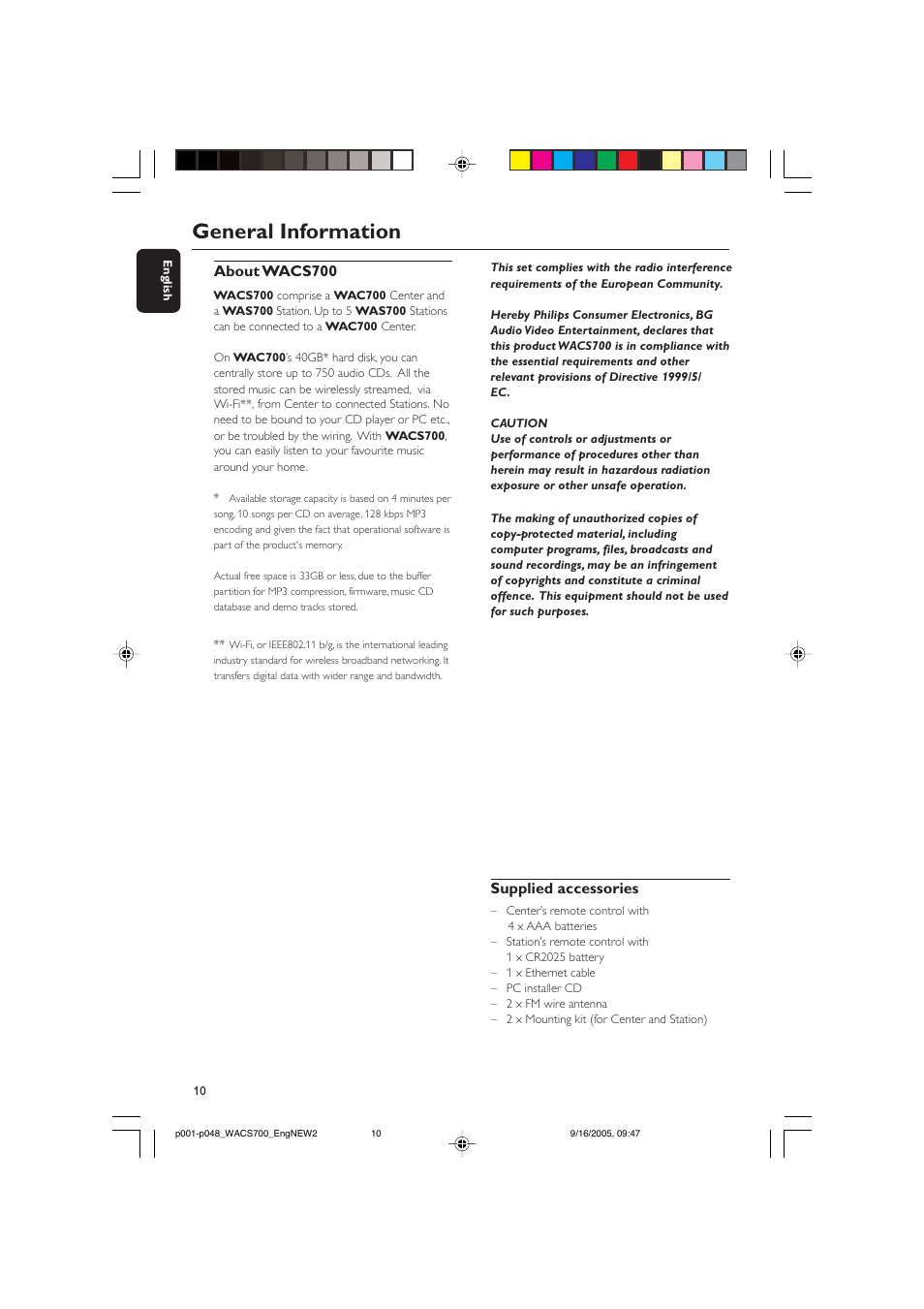 General information, About wacs700, Supplied accessories | Philips WACS700 User Manual | Page 10 / 48