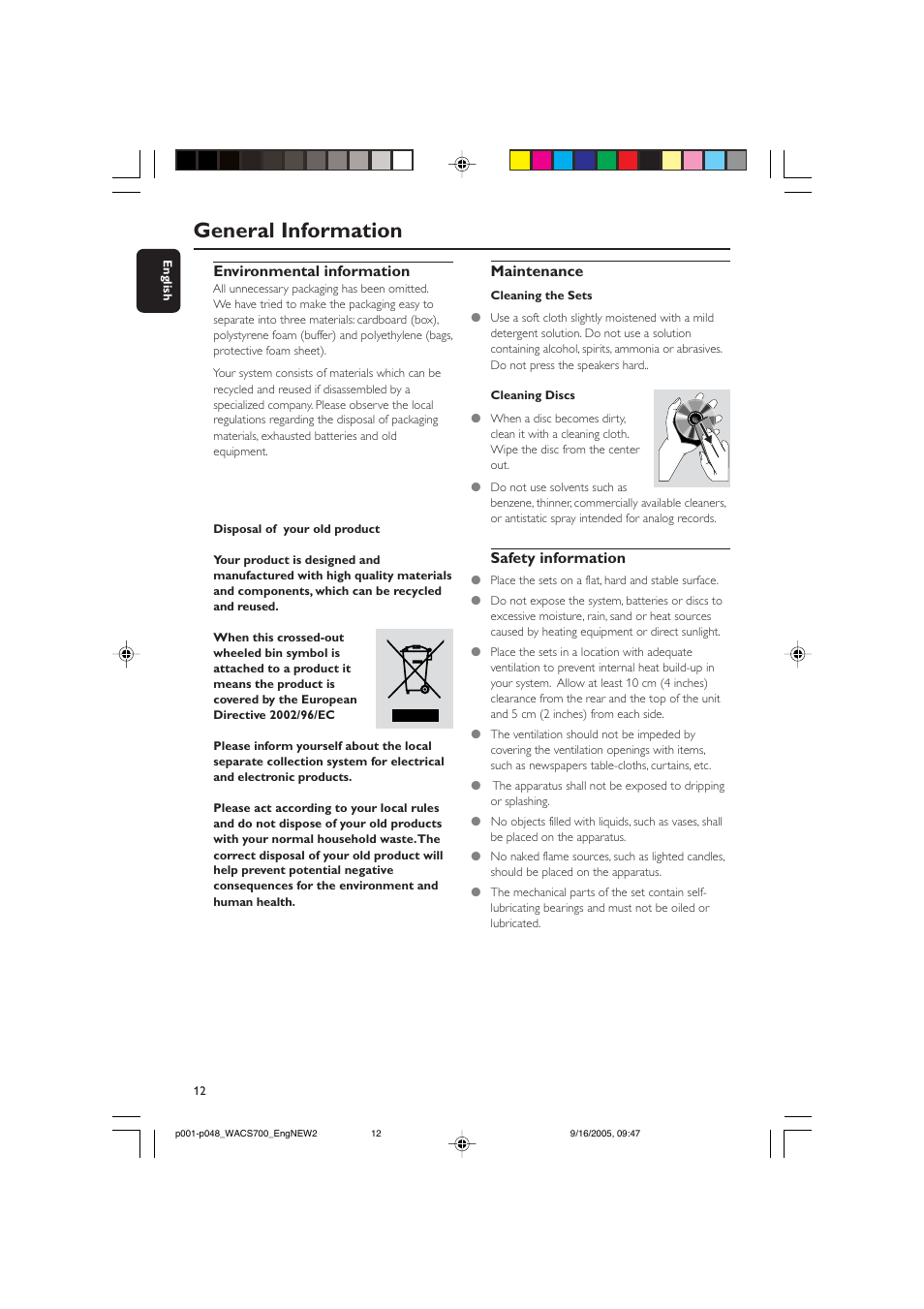 General information, Environmental information, Maintenance | Safety information | Philips WACS700 User Manual | Page 12 / 48