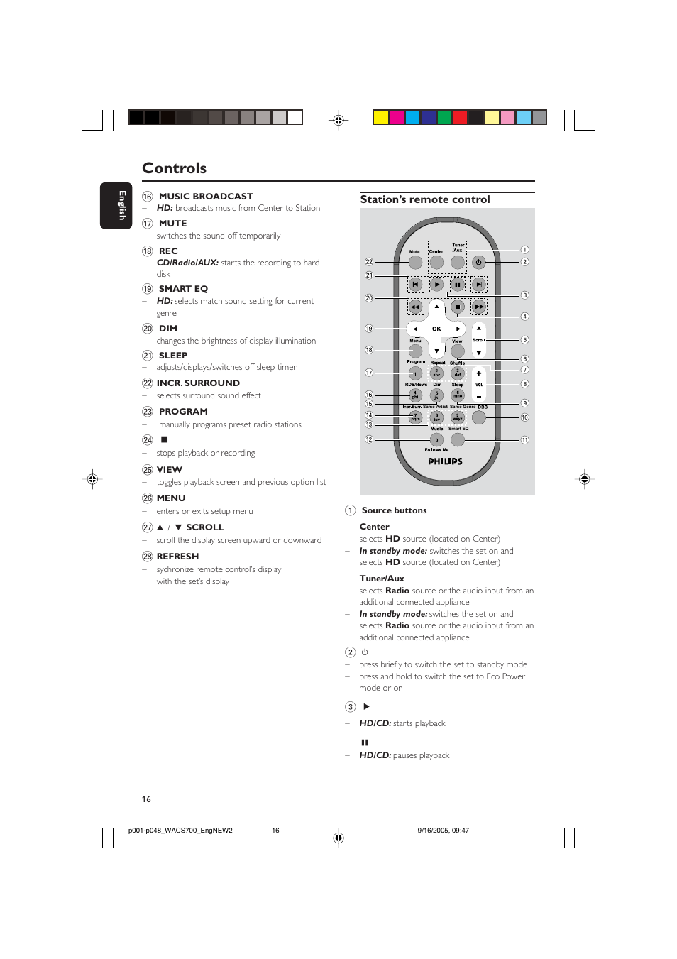 Controls, Station’s remote control 1 | Philips WACS700 User Manual | Page 16 / 48