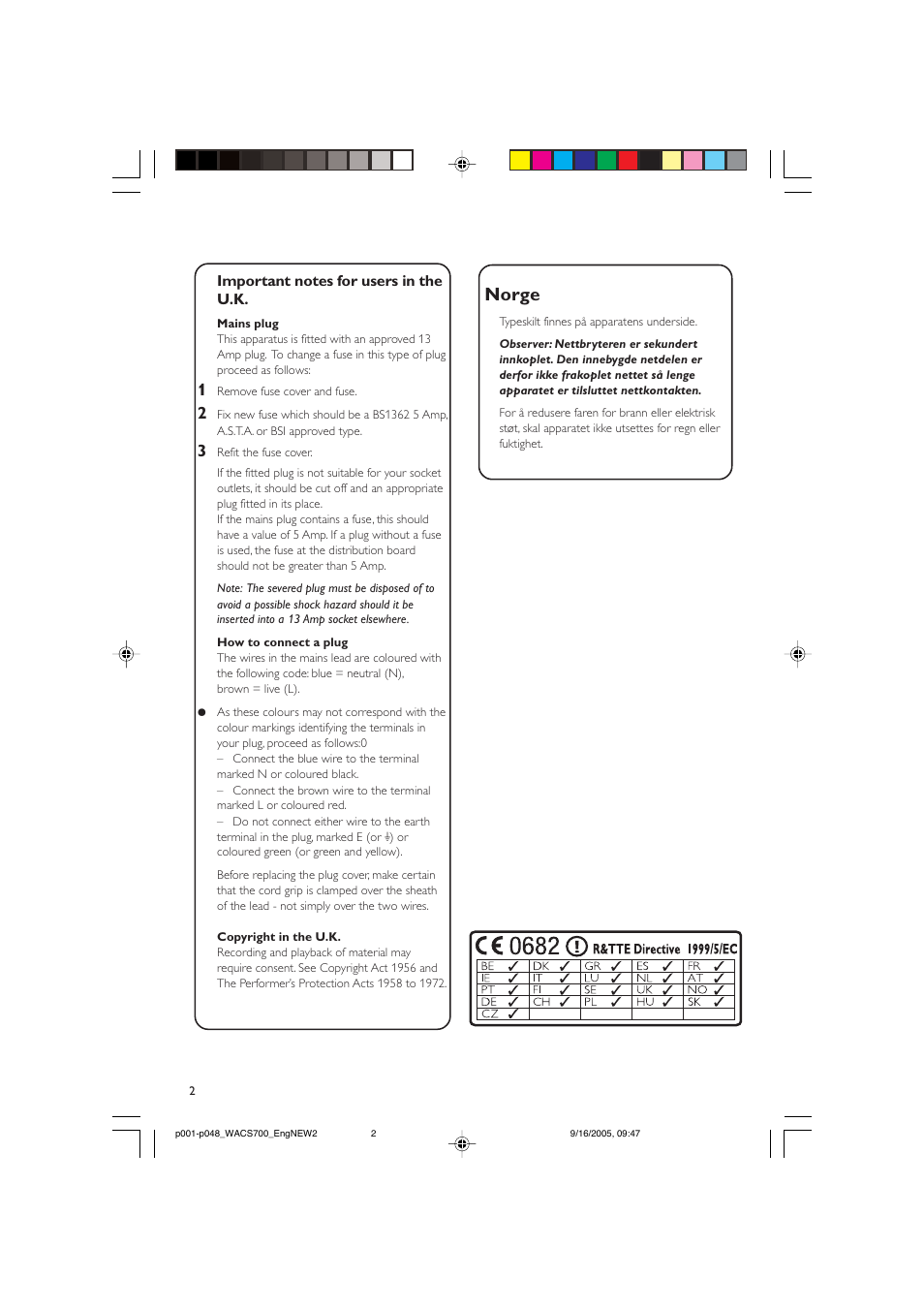 Norge | Philips WACS700 User Manual | Page 2 / 48