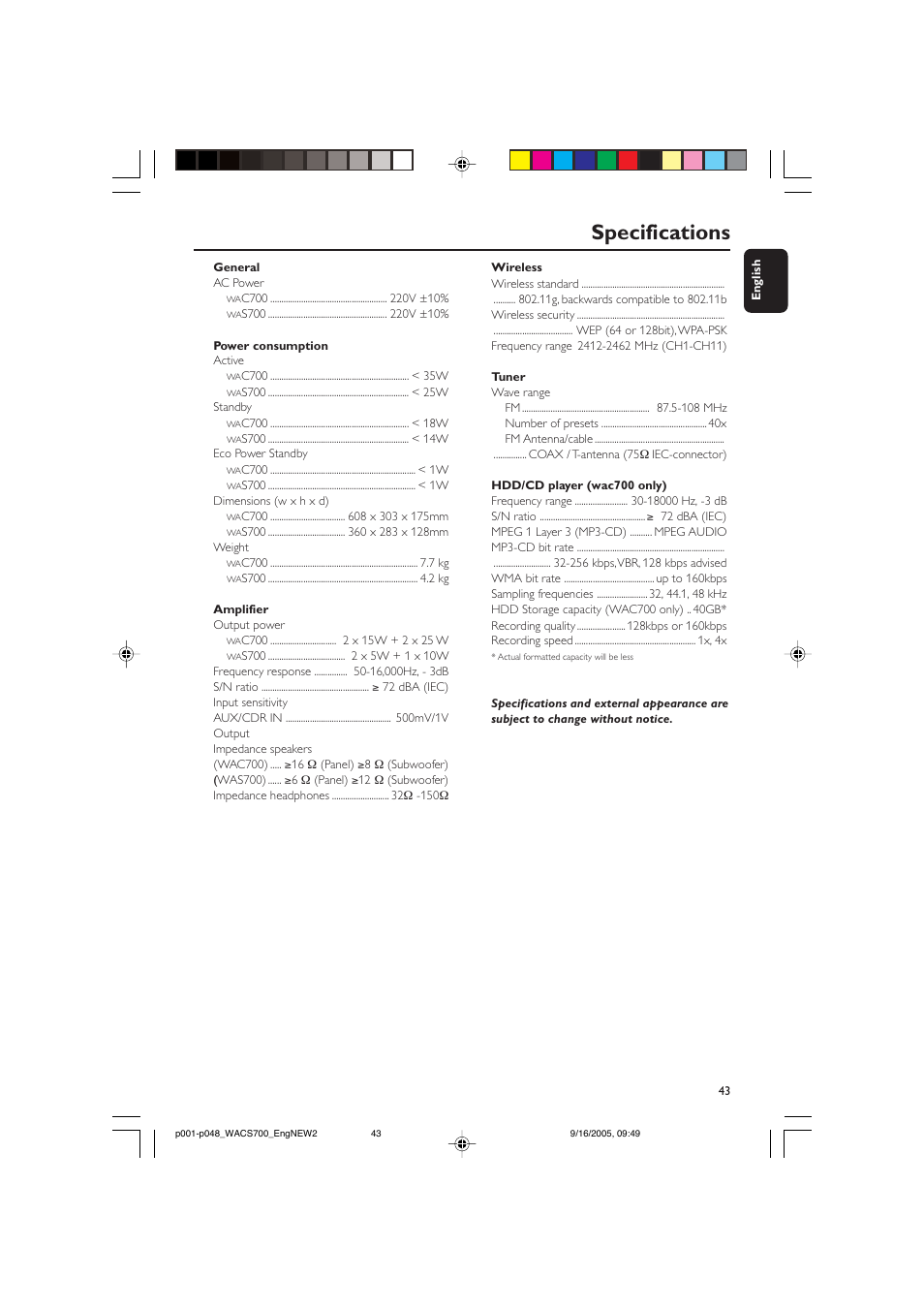 Specifications | Philips WACS700 User Manual | Page 43 / 48