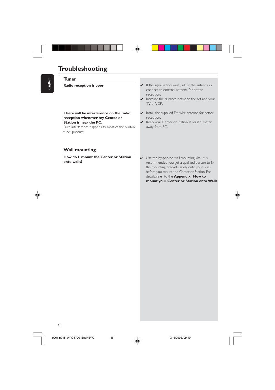 Troubleshooting, Tuner, Wall mounting | Philips WACS700 User Manual | Page 46 / 48