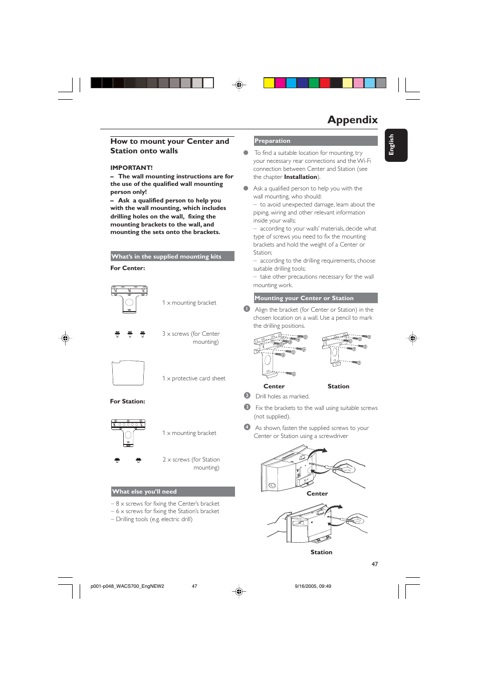 Appendix, How to mount your center and station onto walls | Philips WACS700 User Manual | Page 47 / 48