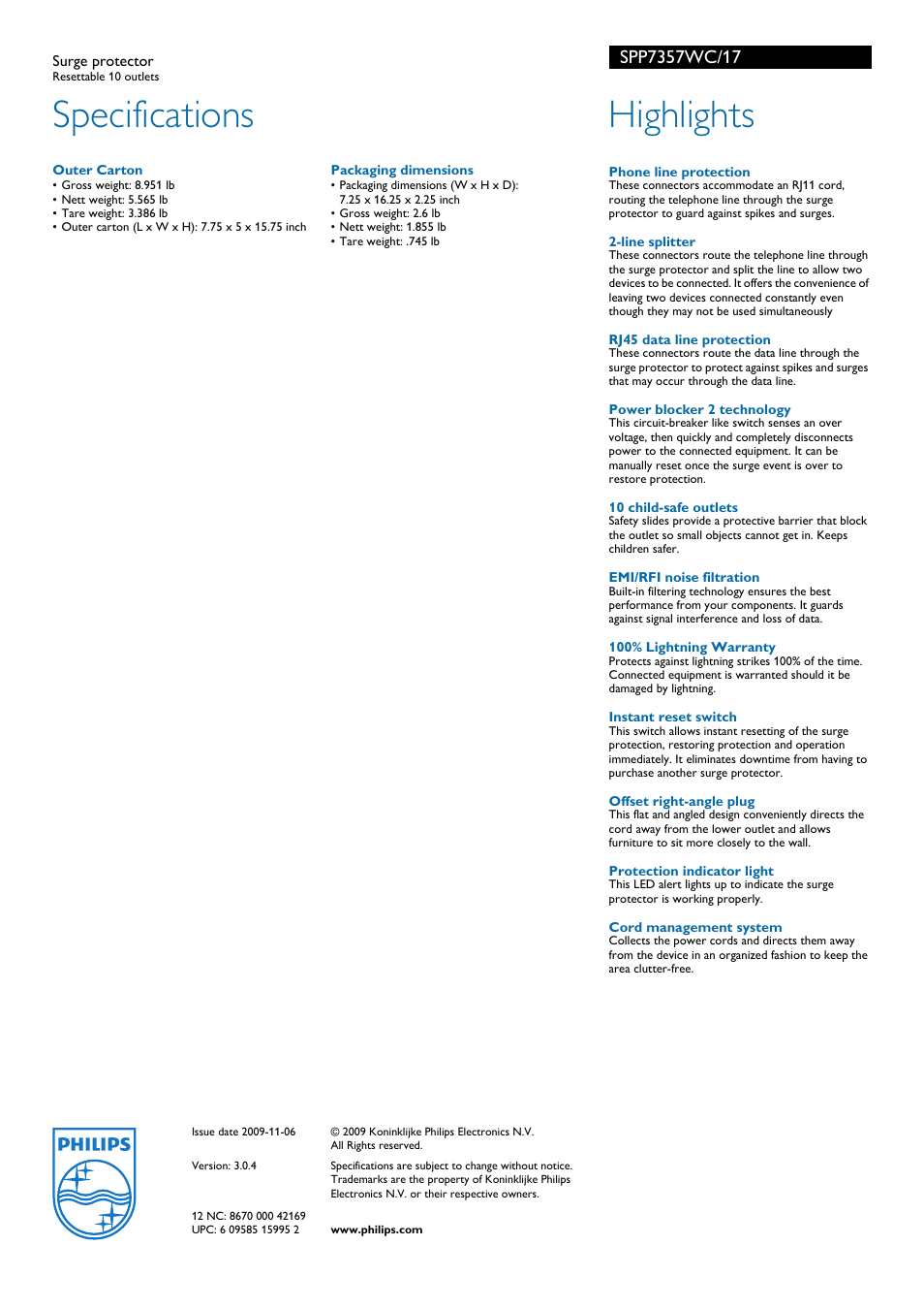 Specifications, Highlights | Philips SPP7357WC User Manual | Page 2 / 2