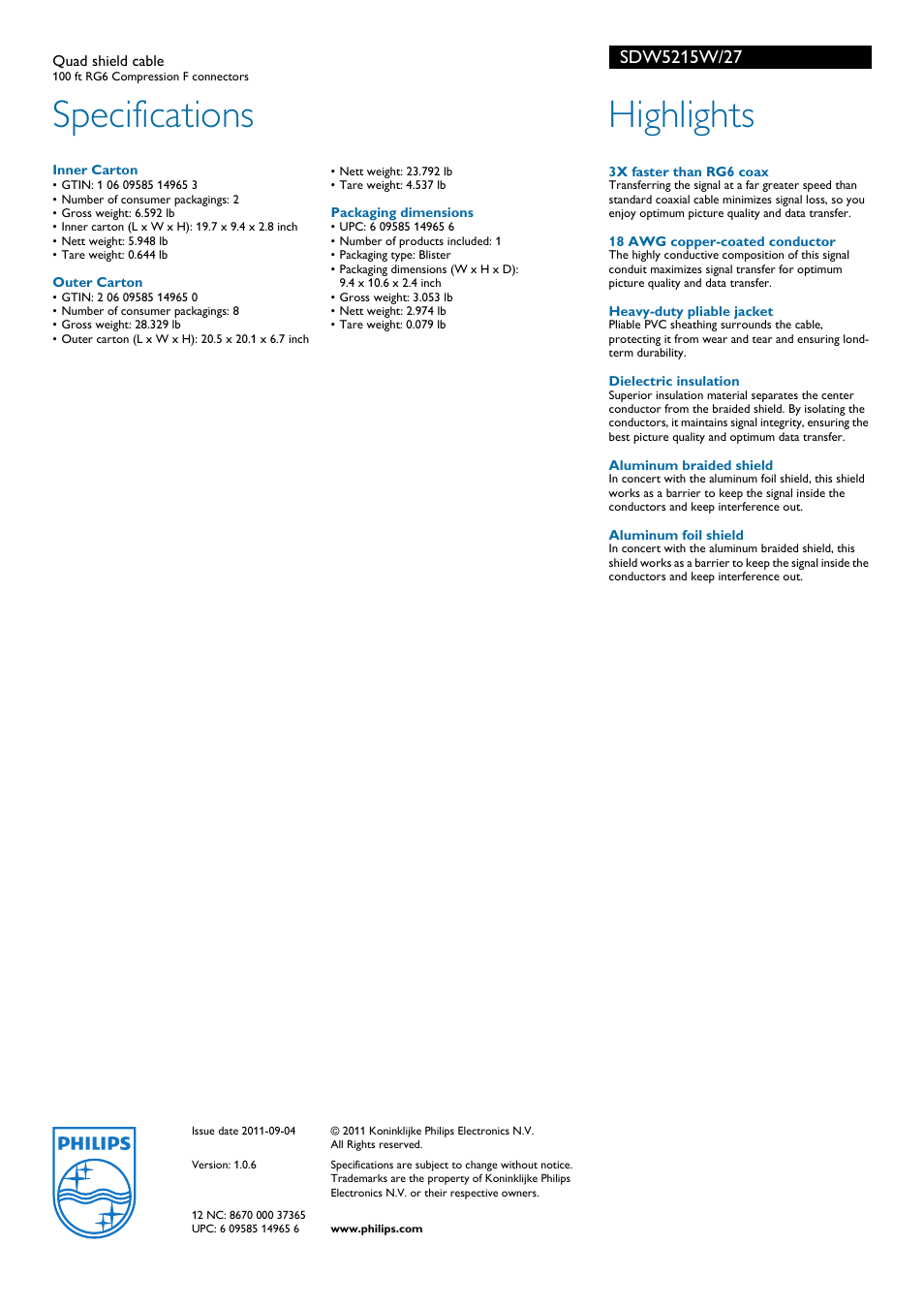 Specifications, Highlights | Philips SDW5215W User Manual | Page 2 / 2