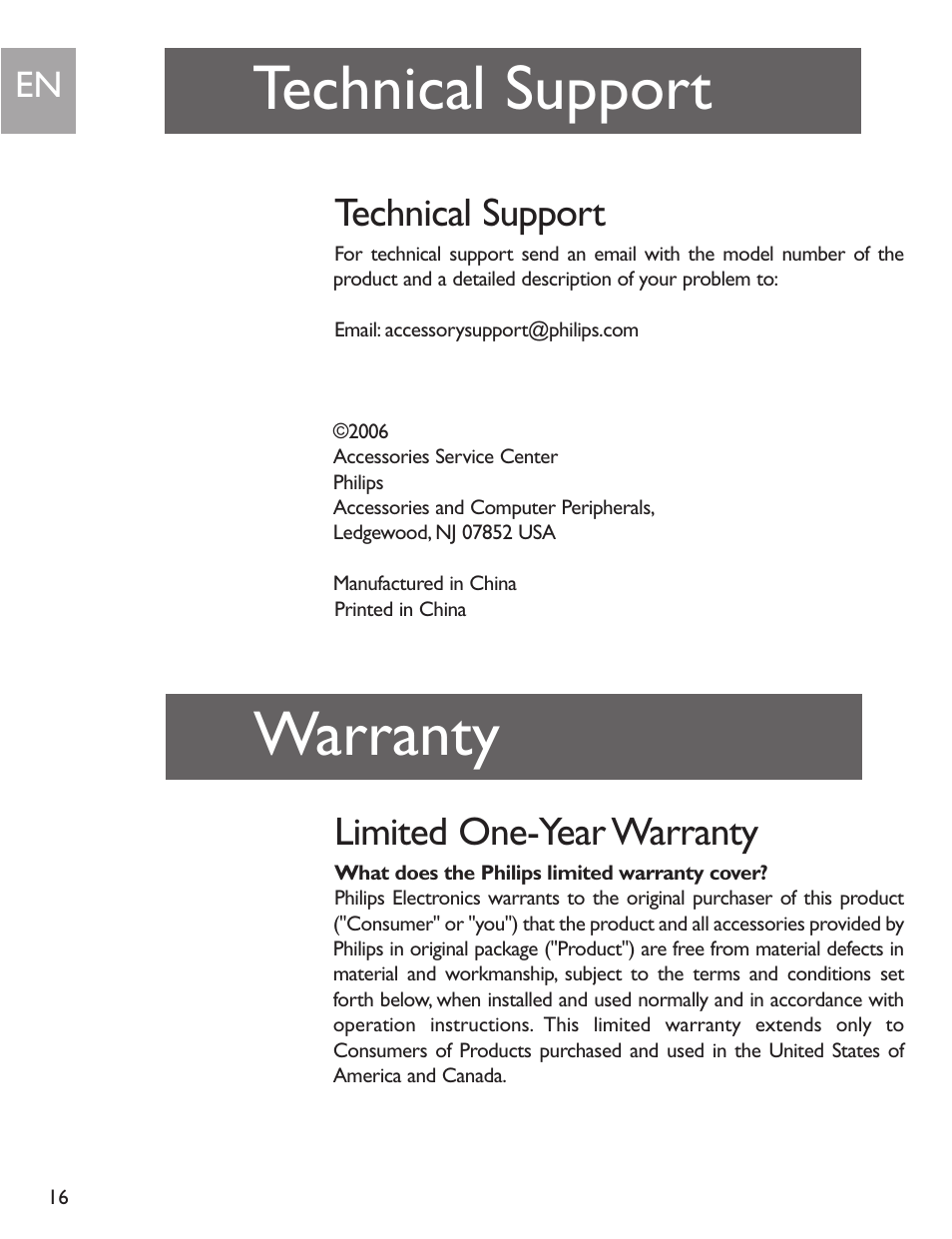 Warranty, Technical support, Limited one-year warranty | Philips SJA9192/17 User Manual | Page 16 / 40