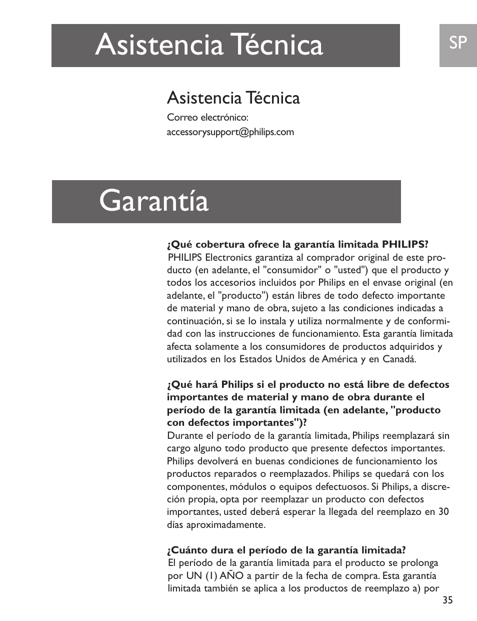 Garantía, Asistencia técnica | Philips SJA9192/17 User Manual | Page 35 / 40