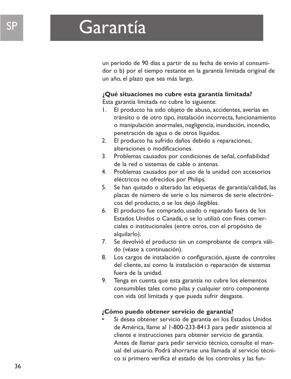 Garantía | Philips SJA9192/17 User Manual | Page 36 / 40