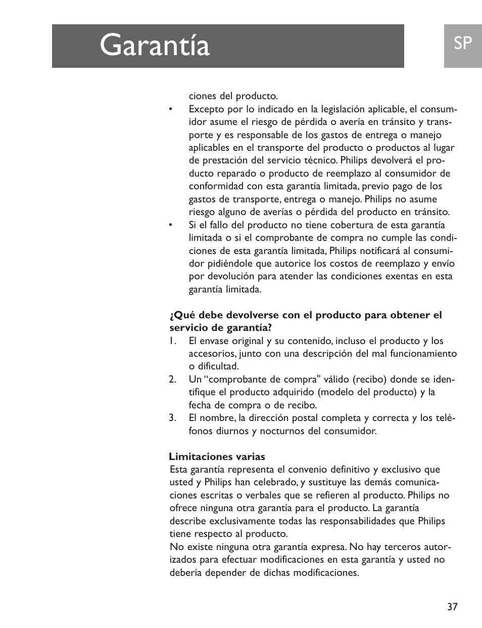 Garantía | Philips SJA9192/17 User Manual | Page 37 / 40