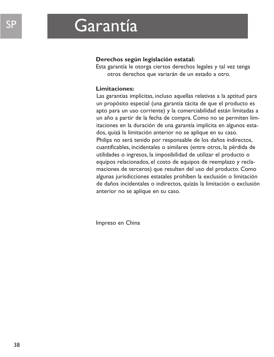 Garantía | Philips SJA9192/17 User Manual | Page 38 / 40