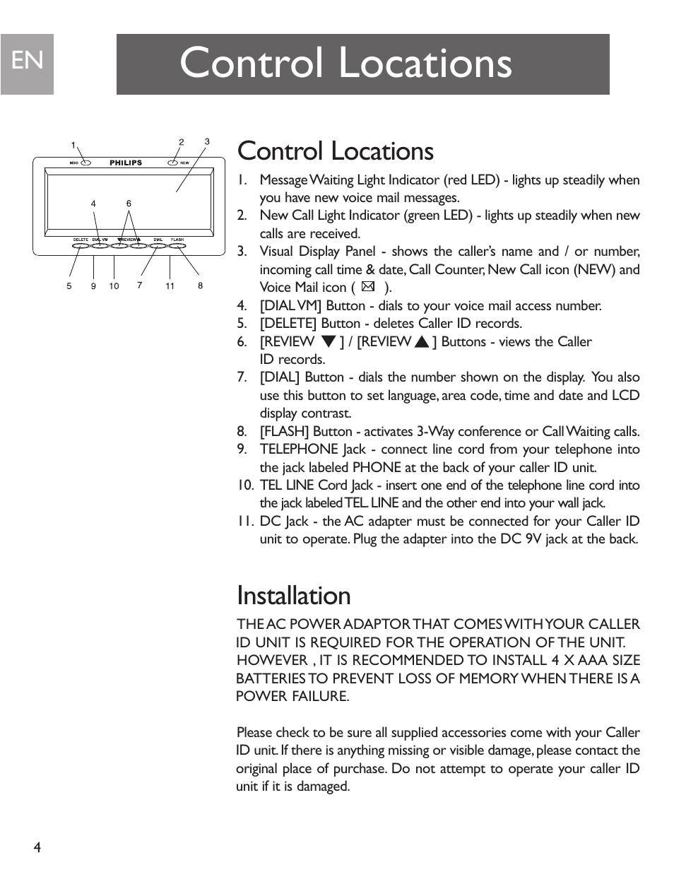 Control locations, Installation | Philips SJA9192/17 User Manual | Page 4 / 40