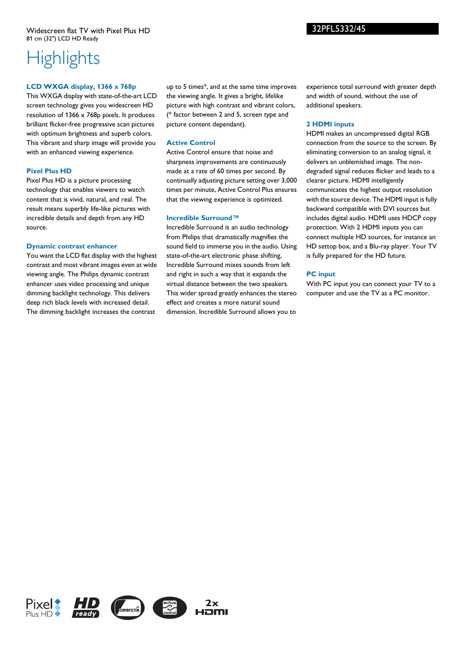 Highlights | Philips 32PFL5332/45 User Manual | Page 2 / 3