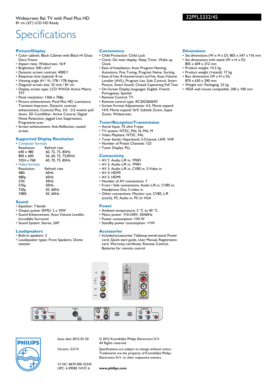 Specifications | Philips 32PFL5332/45 User Manual | Page 3 / 3