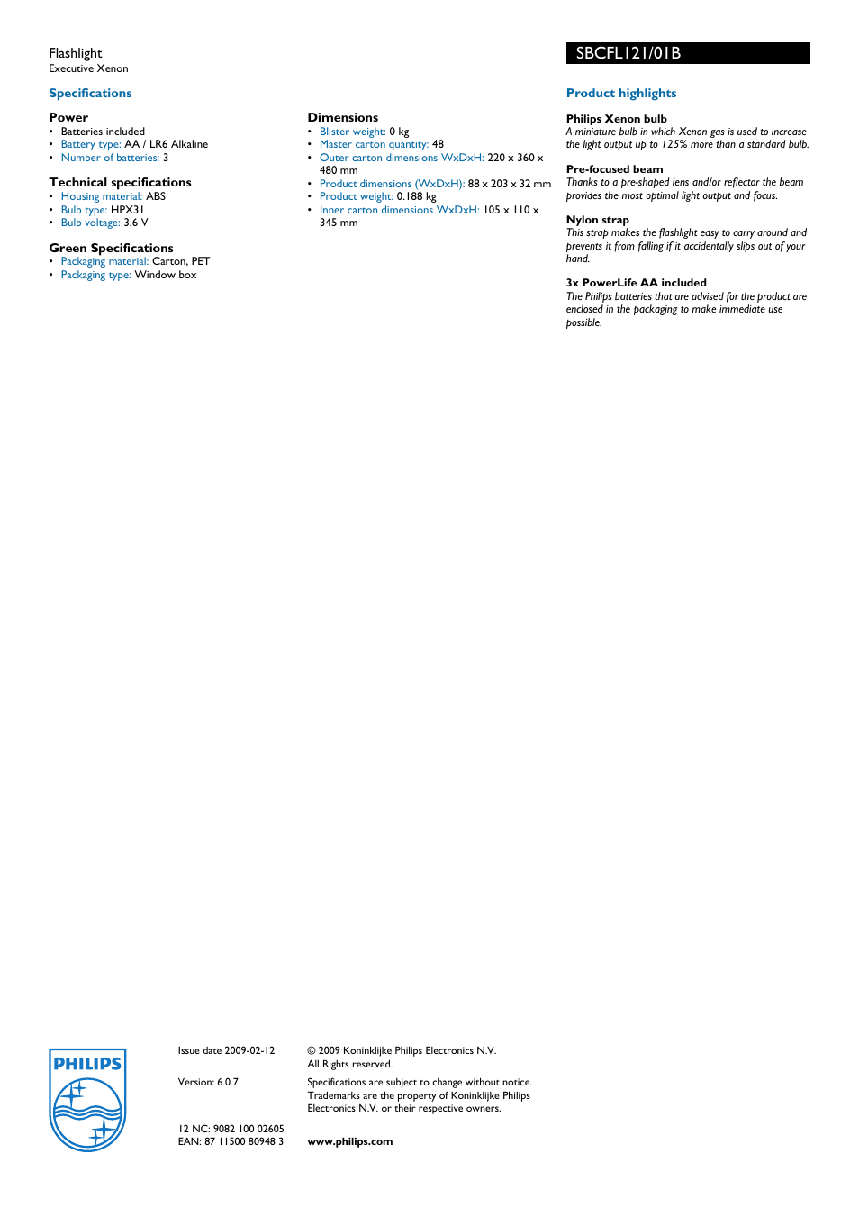 Sbcfli2i/0ib, Philips | Philips LightLife SBCFL121/01 User Manual | Page 2 / 2
