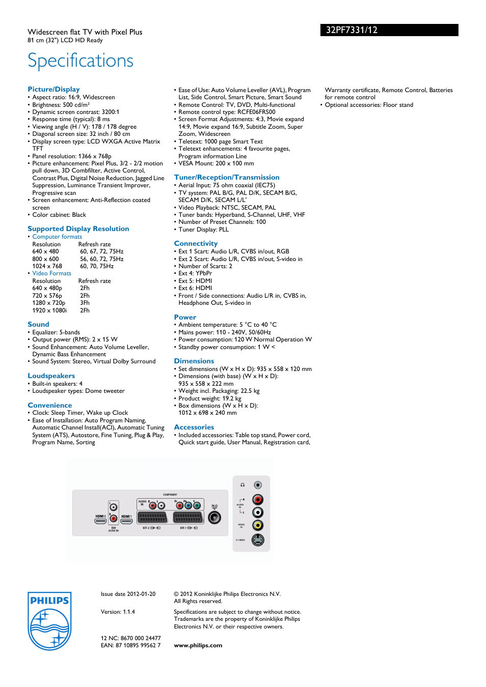 Specifications | Philips 32PF7331 User Manual | Page 3 / 3