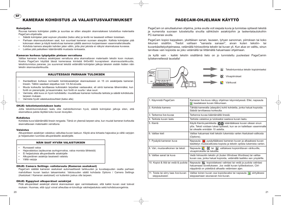 Kameran kohdistus ja valaistusvaatimukset, Pagecam-ohjelman käyttö | Philips Vesta Pro Scan PCVC690K User Manual | Page 12 / 12