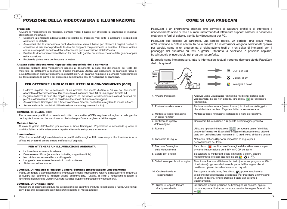 Posizione della videocamera e illuminazione, Come si usa pagecam | Philips Vesta Pro Scan PCVC690K User Manual | Page 6 / 12