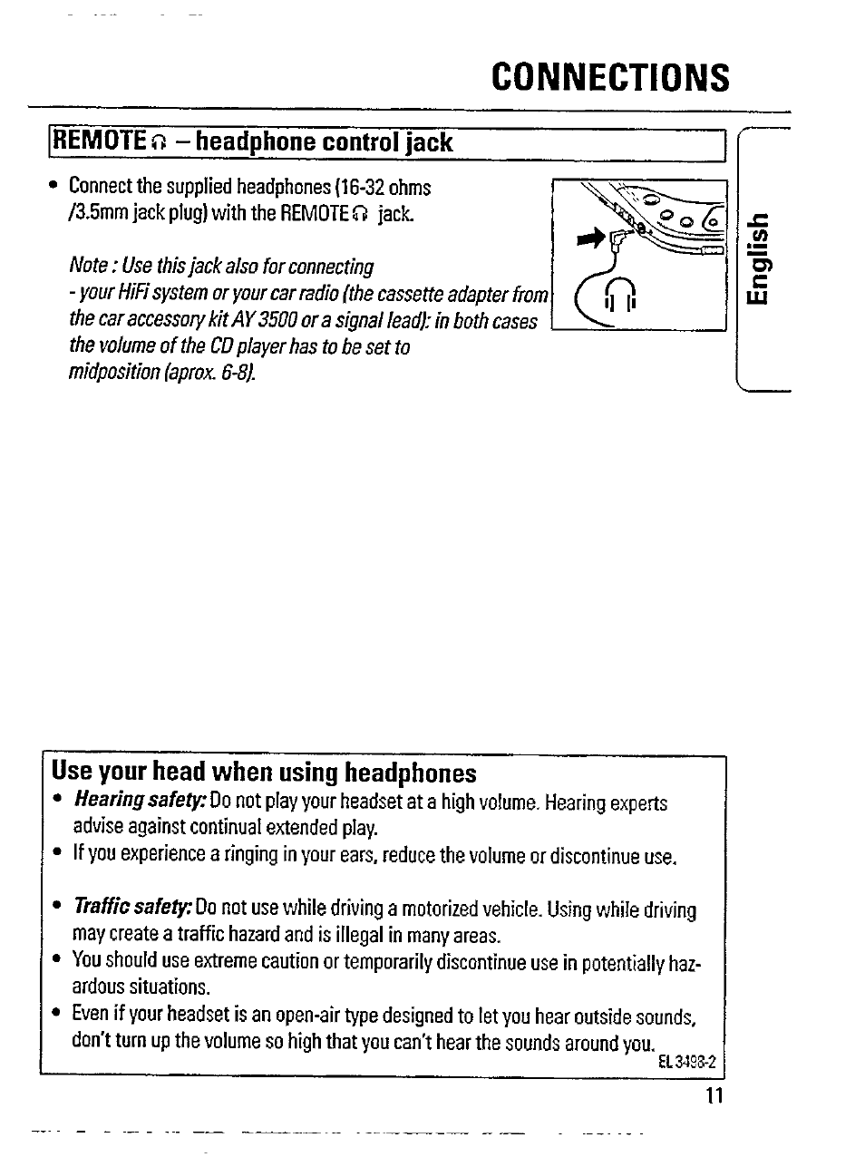 Connections, Remote» - headphone control jack, Use your head when using headphones | Philips Magnavox AZ 7356 User Manual | Page 11 / 22