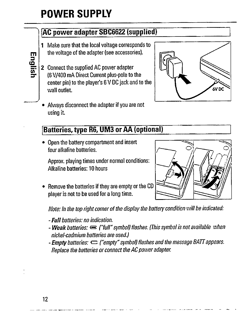 Power supply, Ac power adapter sbc6622 (supplied), Batteries, type r6, um3 or aa (optional) | Philips Magnavox AZ 7356 User Manual | Page 12 / 22