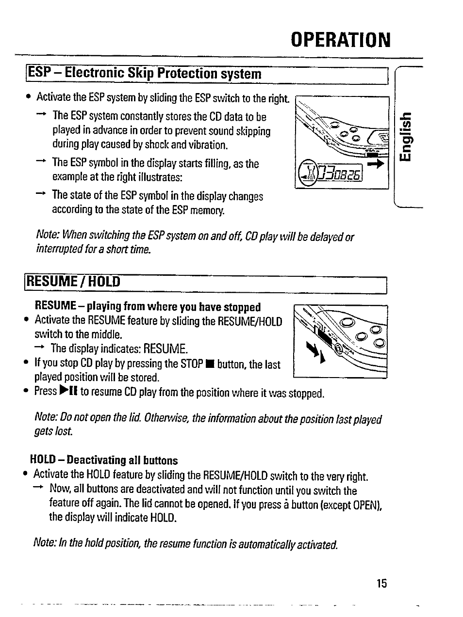 Esp-electronic skip protection system, Resume/hold, Operation | Philips Magnavox AZ 7356 User Manual | Page 15 / 22