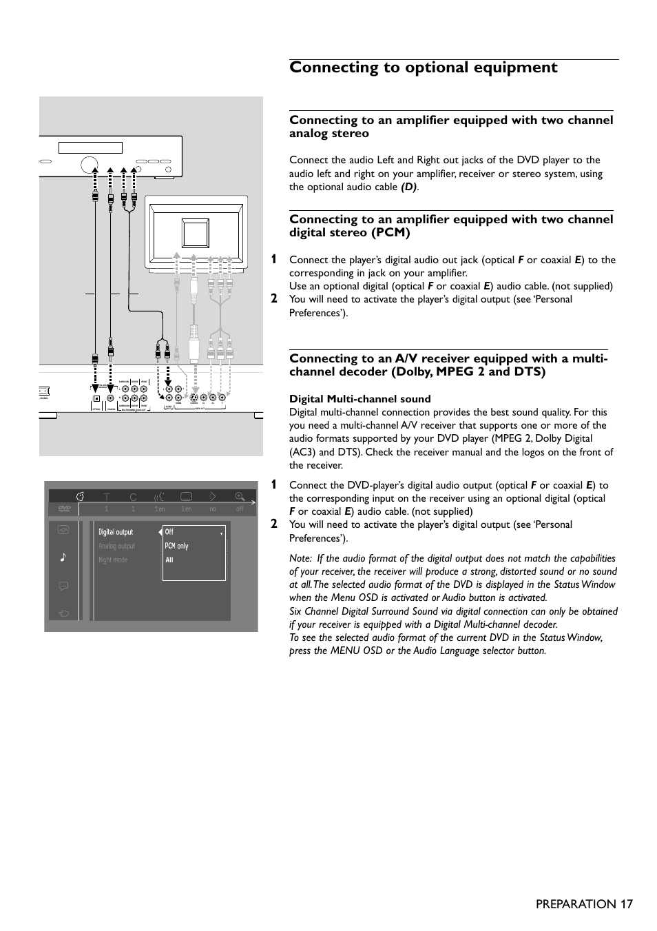 Connecting to optional equipment, Preparation 17, Amplifier e f g | Philips DVD865 User Manual | Page 17 / 38